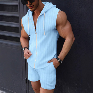 Men's Light Blue Sleeveless Hoodie <b>Set</b> <b>Knitted</b> Polyester Casual Summer Wear Breathable Solid Color Plus Size - Product Image 1