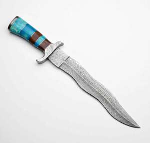 Handcrafted curved <b>profile</b> damascus steel outdoor utility <b>tool</b> Turquoise resin and Wood Stacked Handle - Product Image 5