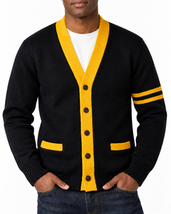Cardigan en tricot noir et jaune à col en V pour homme, manches longues, boutons sur le devant, style décontracté universitaire, marque privée, vente en gros - Product Image 6