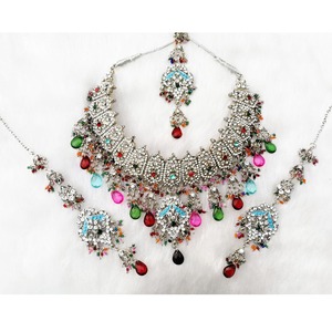 <b>Silver</b> Plated Crystal <b>Necklace</b> Set With Colorful Rhinestones Women's Ethnic Wedding Jewelry - Product Image 1