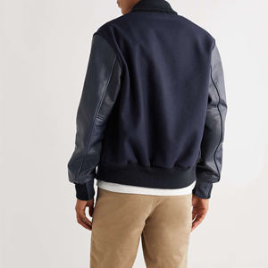 Men's Navy Varsity Jacket Wool/Polyester Shell Mandarin Collar <b>Covered</b> <b>Button</b> Breathable Eco-Friendly Casual Winter - Product Image 3