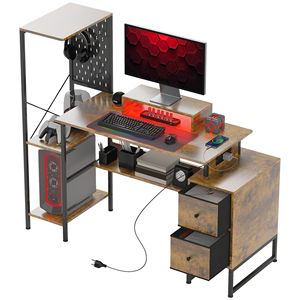 Scrivania PC in MDF Marrone Rustico da 56 Pollici con Luci LED e Prese di Corrente, Tavolo per Computer per Ospedali, Tavolo per Laptop - Product Image 1