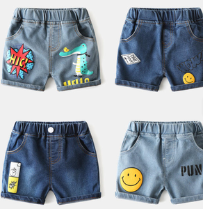 Shorts en jean pour garçons avec broderie de dessins animés, taille élastique, décontractés, en coton lavé - Product Image 6