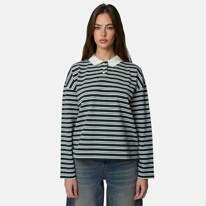 Polo à manches longues rayé pour femme, tricoté, décontracté, motif vert et blanc, longueur normale, manches complètes - Product Image 3