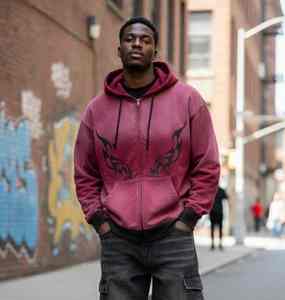 เสื้อฮู้ดซิปพิมพ์ลายแบบกำหนดเองสำหรับผู้ชายและผู้หญิง สไตล์วินเทจ สีแดงไล่เฉดแบบฟอกสี เสื้อฮู้ดโอเวอร์ไซส์แนวสตรีทแวร์ - Product Image 2