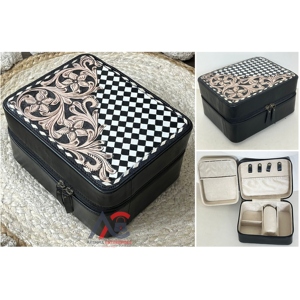 Nouveauté : Étuis de rangement pour bijoux en cuir véritable de luxe, cuir floral ciselé à la main, intérieur en velours, organiseur de voyage - Product Image 1