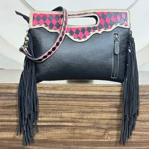 Sac à main pour femme en cuir de vachette véritable de haute qualité, fait main, à carreaux, élégant, à bandoulière unique, avec franges - Product Image 5