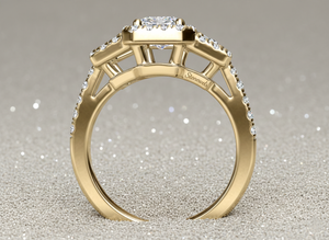 Anillo de Lujo de Tres Piedras con Diamante Cultivado en Laboratorio, Corte Esmeralda, Piedras Laterales Trapezoidales y Doble Halo en Oro de 14K - Product Image 3