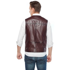 Men's Plus Size <b>Brown</b> V-Neck Leather Look <b>Vest</b> Casual Outerwear Single Breasted With Button Closure High Quality Windproof - Product Image 2