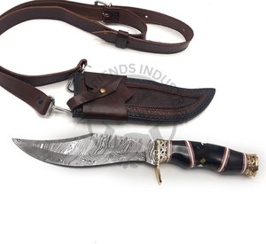 Couteau de chasse professionnel en acier Damas Newley, fait main, de collection, type Bowie, avec manche en bois de cerf et étui en cuir - Product Image 4