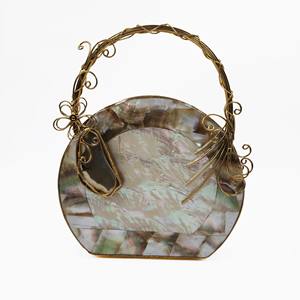 Handcrafted Round Mother of <b>Pearl</b> Shell <b>Clutch</b> with Gold Wire Handle Luxury Evening Bridal Party Statement Bag for Women Gifts - Product Image 1