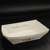 Barquette alimentaire jetable blanche personnalisable avec logo, pliable, résistante à la graisse, avec revêtement PE, pour frites, nachos et fêtes