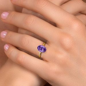 Amethyst Birthstone Oval Cut <b>Solitaire</b> Engagement <b>Ring</b> 2 Tone 14K Gold Plated Sterling <b>Silver</b> Prong Setting Purple Party - Product Image 3