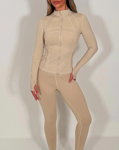 Conjunto de Yoga de 2 Piezas para Mujer, Leggings Largos de Color Sólido, Cintura Media, Chaqueta con Cremallera, Transpirable, con Contraste Frontal - Product Image 1