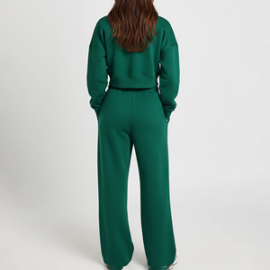 Ensemble de survêtement vert uni pour femme, sweat-shirt court boutonné, pantalon de survêtement à jambes larges avec logo imprimé, tenue décontractée - Product Image 5