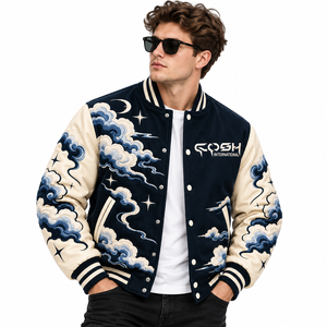 Blouson universitaire homme brodé nuage, style streetwear, col montant à boutons-pression, color block, pour l'automne, avec motif nuage brodé - Product Image 1