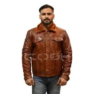 Chaqueta de Cuero Genuino Marrón Vintage para Hombre, Estilo Trucker, con Cuello de Lana, Botones, Chaqueta Western de Invierno - Product Image 4