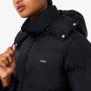 Chaqueta Acolchada Transpirable Negra para Mujer, Manga Larga, con Capucha, Cierre de Cremallera, Color Sólido, Ropa de Invierno, Relleno de Poliéster Tejido, con Logotipo - Product Image 3