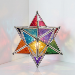 Fabricants de bougies chauffe-plat marocaines en forme d'étoiles avec verre coloré et cadre en acier inoxydable pour décoration suspendue - Product Image 1