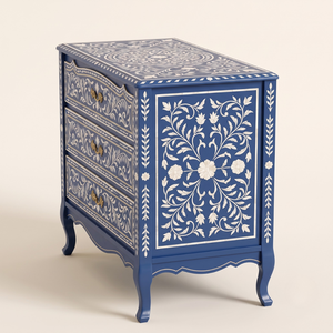 Mesa de Noche Decorativa con Incrustaciones de Hueso, Hecha a Mano, con Diseño Floral Moderno y Cajones para Almacenamiento en el Dormitorio - Product Image 4