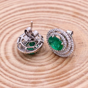 Pendientes de Oro Blanco Sólido de 18K con Esmeralda Verde Natural Ovalada y Doble Halo de Diamantes, Joyería Fina con Piedras Preciosas para Mujer, Venta al Por Mayor - Product Image 5