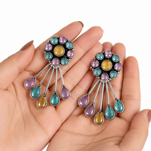 Boucles d'oreilles pendantes multicolores tendance en laiton, topaze et argent vieilli, design clou, sertissage clos, pour femme, vente en gros - Product Image 6