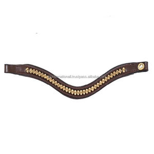High Quality Premium Single Row Golden Crystals Stones Inlaid Empty Channel Padded Leather Horse brow <b>band</b> with <b>snap</b> button loop - Product Image 2