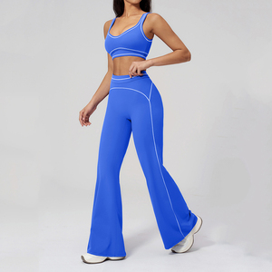 Women's <b>Black</b> 2 Piece Yoga Set Full Length High Waist Flared Pants Stand Neck Zipper <b>Long</b> <b>Sleeve</b> <b>Top</b> Seamless Ruched Butt Scrunc - Product Image 3