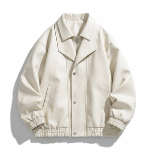 Blouson en cuir pour homme sur mesure, fermeture boutonnée, style bomber, avec corps en cuir véritable, bordure côtelée et personnalisation de la marque. - Product Image 1