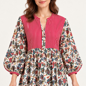 Vestido Maxi Bohemio para Mujer con Bloques de Color, Cuello en V, Manga Linterna, Cintura Imperio, Estampado Floral, Casual de Verano, Corte A - Product Image 5