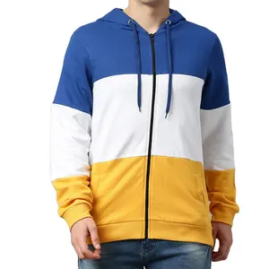 Blue and white And Yellow colourblocked sweatshirt + has a hood + two pockets + long sleeves + zip closure + straight hem