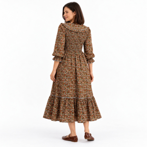 Women’s Ditsy Floral Midi <b>Dress</b> with Ruffled Peter Pan Collar Smocked Bodice and Three Quarter Puff Sleeves - Product Image 3