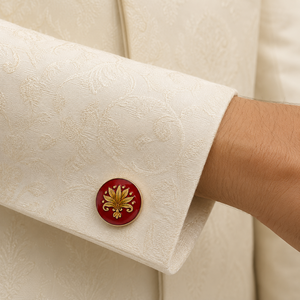 Mancuernillas de lujo personalizadas de latón con esmalte rojo y motivo de flor de lis dorada, mancuernillas metálicas para hombre, para blazer, sherwani, traje jodhpuri. - Product Image 3