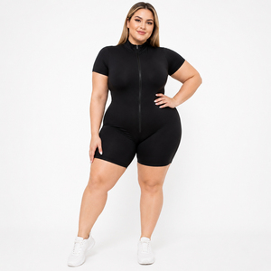 Body de fitness de talla grande con cremallera completa y manga corta, de poliéster y elastano, para gimnasio, tipo mono. - Product Image 1