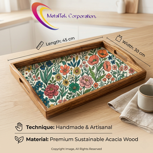 Plateau de service artisanal en bois d'acacia avec incrustation émaillée de qualité supérieure, rectangulaire, décoratif, pour la maison et l'accueil - Product Image 3