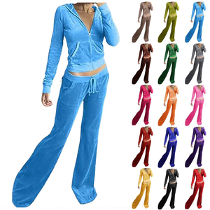 Plus Size Women's <b>Velvet</b> Hooded Zipper <b>Crop</b> <b>Top</b> & Wide Leg Pants Set Solid Blue Casual Autumn Wear Loose Fit Full Length Pockets - Product Image 4