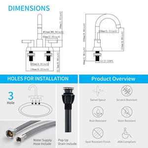 Rubinetto da bagno a 2 maniglie con scarico a scomparsa da 4 pollici, rubinetto per lavabo da 3 pollici - Product Image 5
