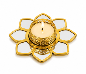 Golden Lotus Tealight Candle Holder | Metal Mirror Diya Holder for Diwali Decoration | Decorative <b>Tea</b> <b>Light</b> Stand for Home Decor - Product Image 2