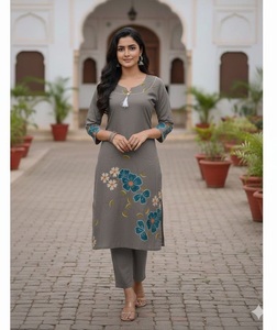Women's Grey Floral Embroidered Kurtis With Digital Print Traditional Indian Pakistani Casual Wear Cotton Midi Length Kurtis - Product Image 1