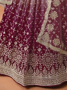 Purple Embroidered Organza Floor-Length A-Line <b>Lehenga</b> with Crop Top and Dupatta Quick Dry for Bridesmaid Wear - Product Image 5