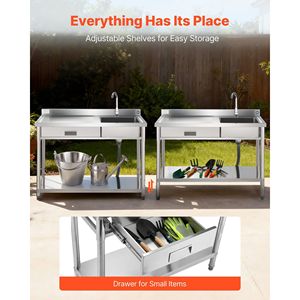 Lavello Commerciale a Vasca Singola con Cassetto, in Acciaio Inossidabile, con Rubinetto Scorrevole per Acqua Calda e Fredda, Ideale per Cucina Domestica - Product Image 3