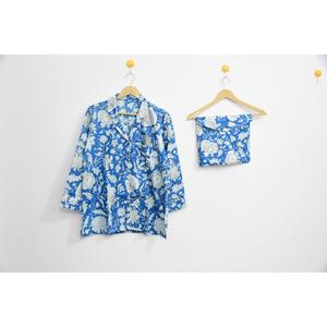 Conjunto de Pijama Azul 100% Algodón para Mujer, Estampado Floral a Mano, Manga Larga, Ropa de Dormir Tejida, Conjunto para Primavera e Invierno - Product Image 3