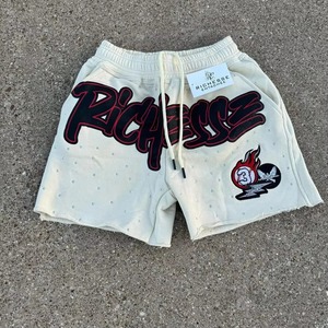 Shorts en molleton pour hommes, délavés à l'acide, style vintage, design personnalisé, en coton épais, imprimés en relief, effet vieilli, avec strass - Product Image 6