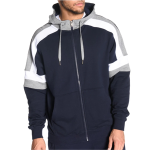 <b>Men's</b> Navy Blue Color Blocking <b>Zip</b>-<b>Up</b> Hoodie Regular Fit Casual Sweatshirt with Gray White Panels - Product Image 5