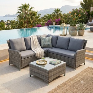 Contemporary <b>Outdoor</b> <b>Rattan</b> <b>Sofa</b> Set with Glass Top Table Waterproof Gray Cushions for Garden Patio Deck - Product Image 1