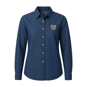 Camisa de Mezclilla Azul Oscuro para Mujer, con Botones, Escudo Bordado Multicolor, Manga Larga, Cuello Camisero, Estilo Casual - Product Image 3