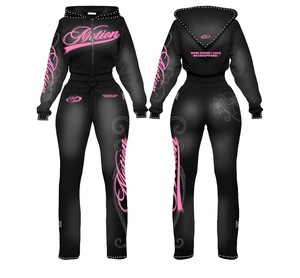 Oem/odm New Trending Vintage Acid Wash Sweatsuit Custom Print Streetwear <b>Zip</b> <b>up</b> Jacket Tracskuit <b>Crop</b> pink Hoodie Set for Women - Product Image 5
