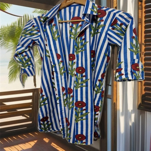 Camisa Larga de Algodón Estampada a Mano con Cuello en V y Estampado Floral para Mujer, Talla Única, Casual, Transpirable, para Verano y Otoño - Product Image 4
