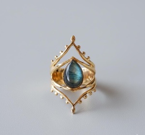 Wholesale Christian Bohemia Natural <b>Labradorite</b> Teardrop <b>Ring</b> 18K Gold Plated Brass Statement Jewelry for Women - Product Image 1