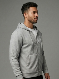 Veste à capuche zippée pour homme avec logo personnalisé, sweat-shirt texturé confortable avec poche avant pour un usage quotidien - Product Image 2